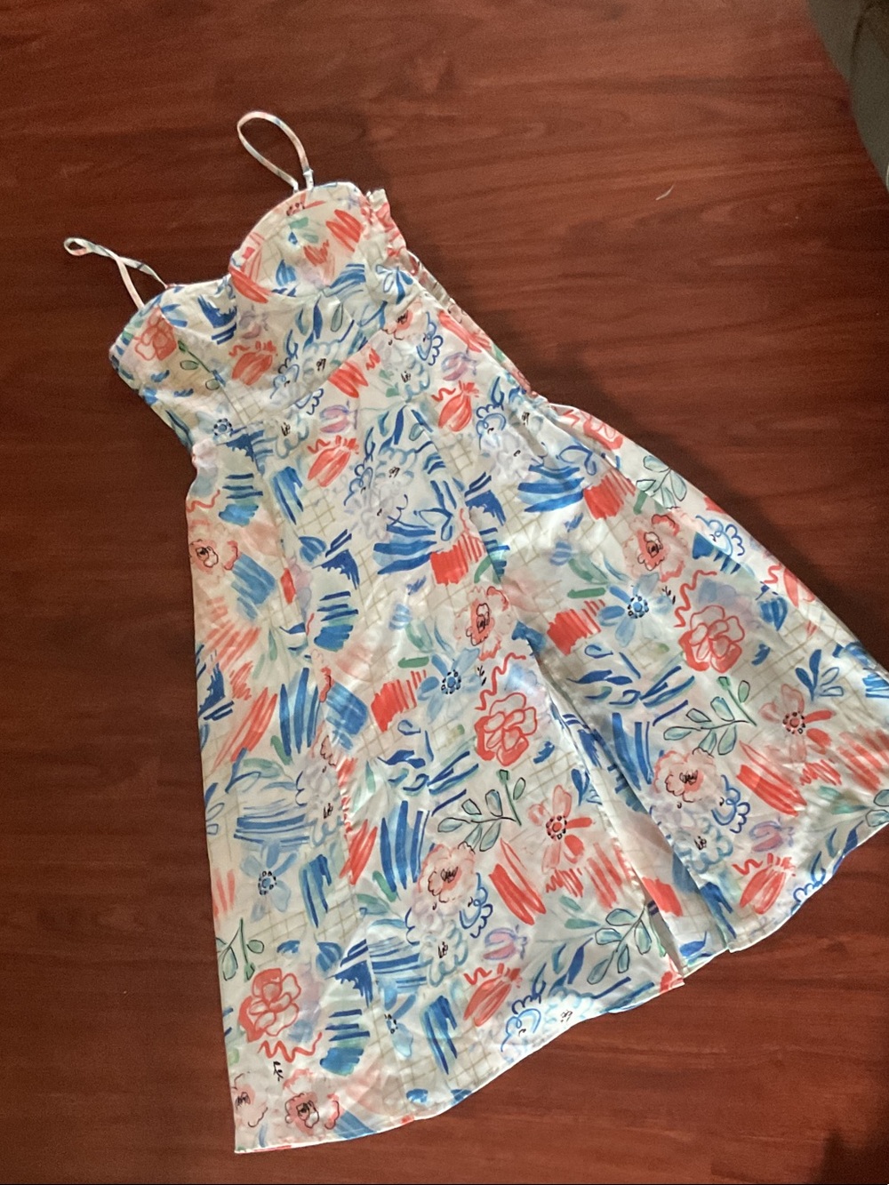Woman’s ' Floral Print White Sundress,  side zipper, elastic back and slit.